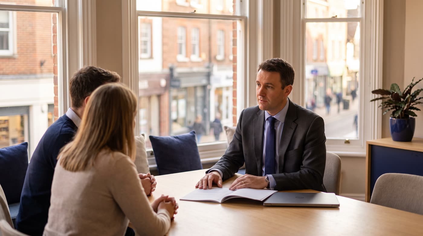 A finance adviser in a high street office listening to a couple across a light oak table, a printed statement open between them.