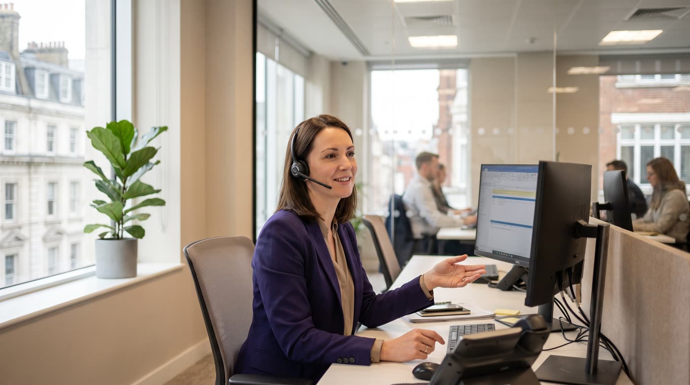 A claims handler wearing a headset at her desk in a bright London insurance office, mid conversation with a policyholder.